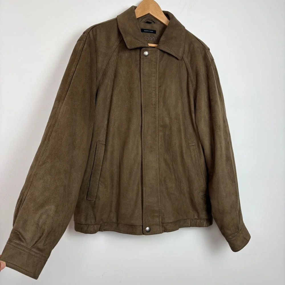Claiborne Men Jacket L Brown Sueded Finish Full Zip Bomber Harrington Minimalist
